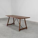 18th‑Century Spanish Walnut Trestle Table with Iron Stretcher