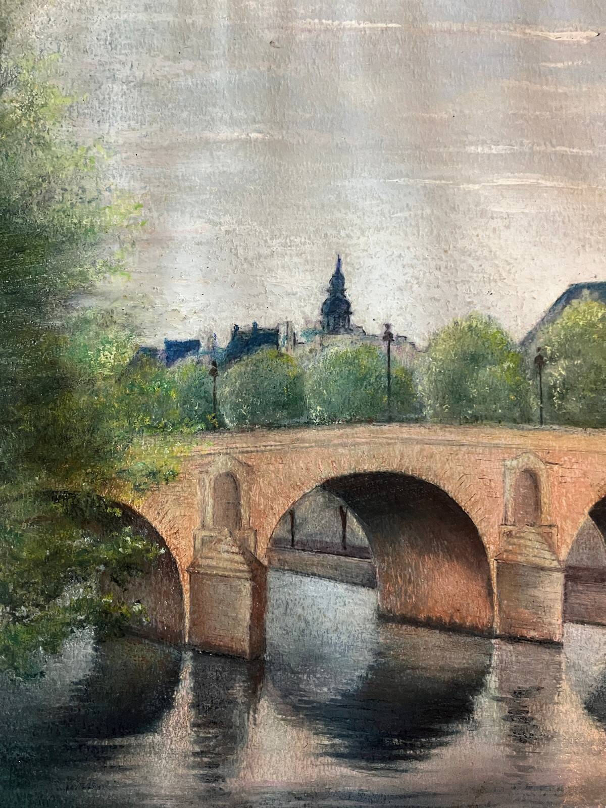 Tableau HSP "Bridge of Paris the Lovers" Notre Dame signed around 1950