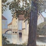 Ancient painting, landscape at the river signed and dated 1946