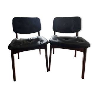 Set of 2 Vintage Scandinavian wooden chairs with leather seats