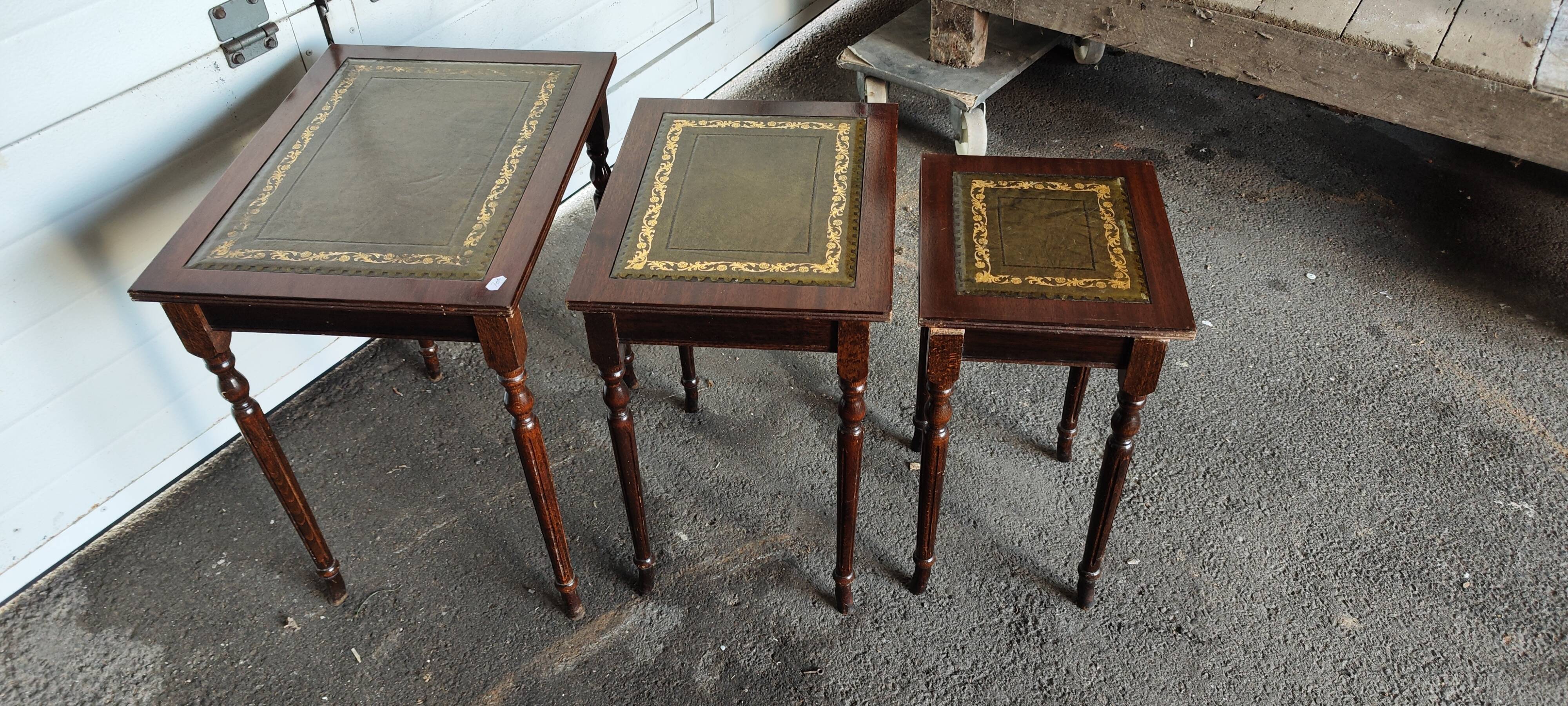 Set of three nesting tables with leather top
