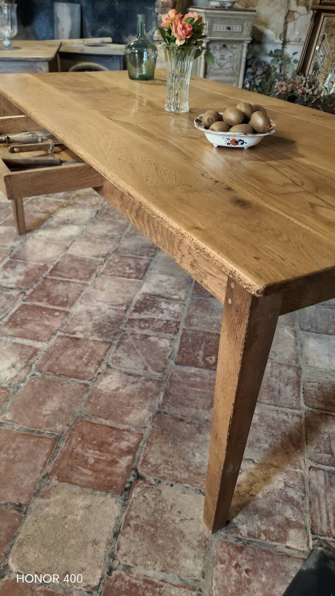 Large authentic farmhouse table made of solid French oak.