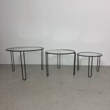 Set of 3 Minimalist Wire and Glass Nesting Tables, 1970s - 1980s