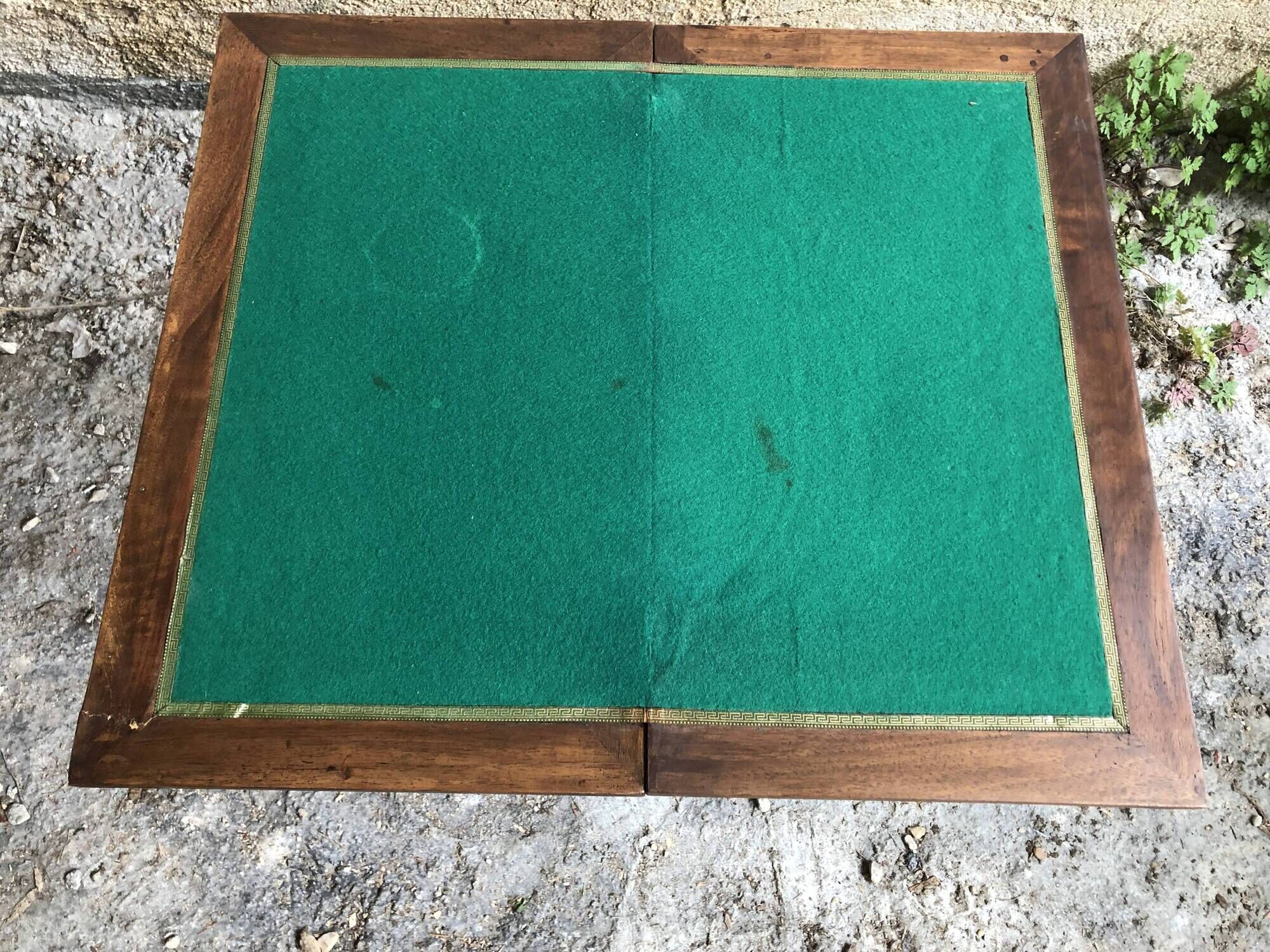 Old Game Table Folding Wood Green Carpet + Vintage Brass Hooves