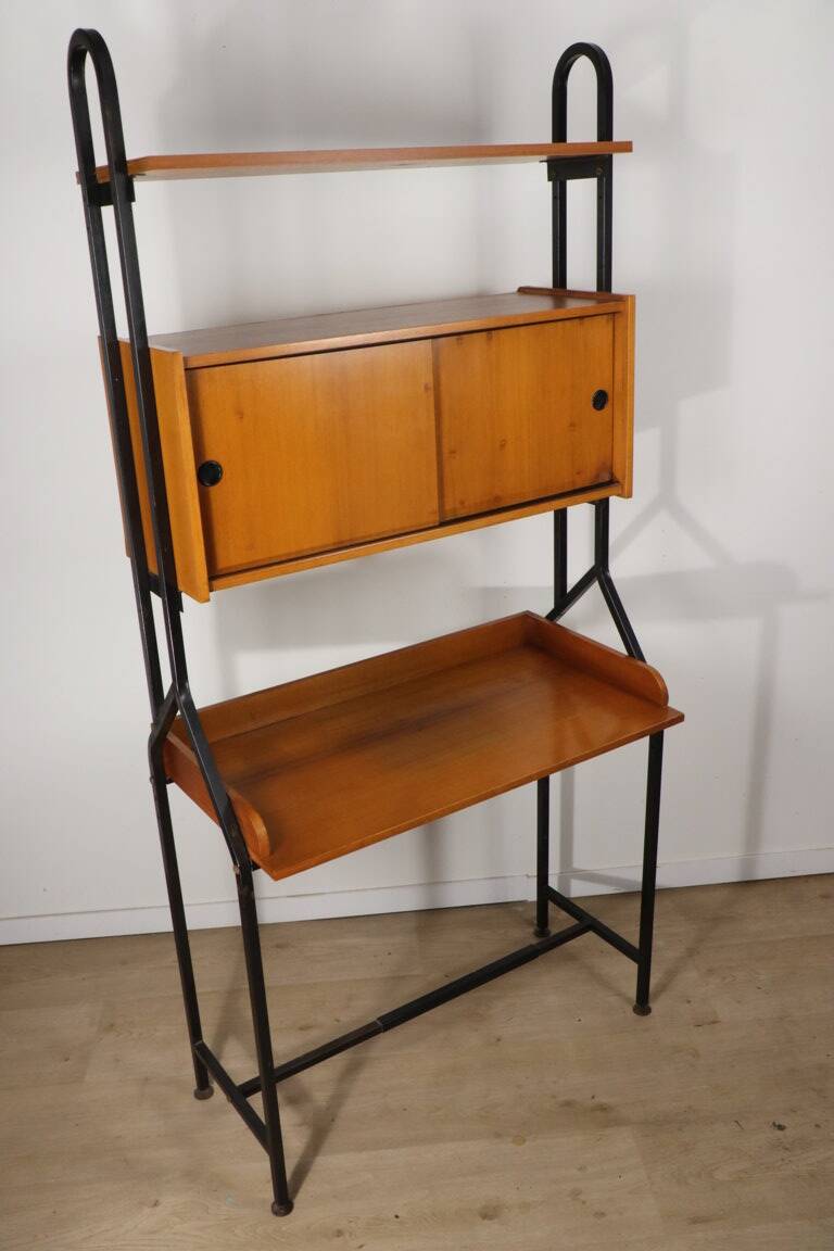 Vintage desk with modular bookcase in wood and metal, 1960