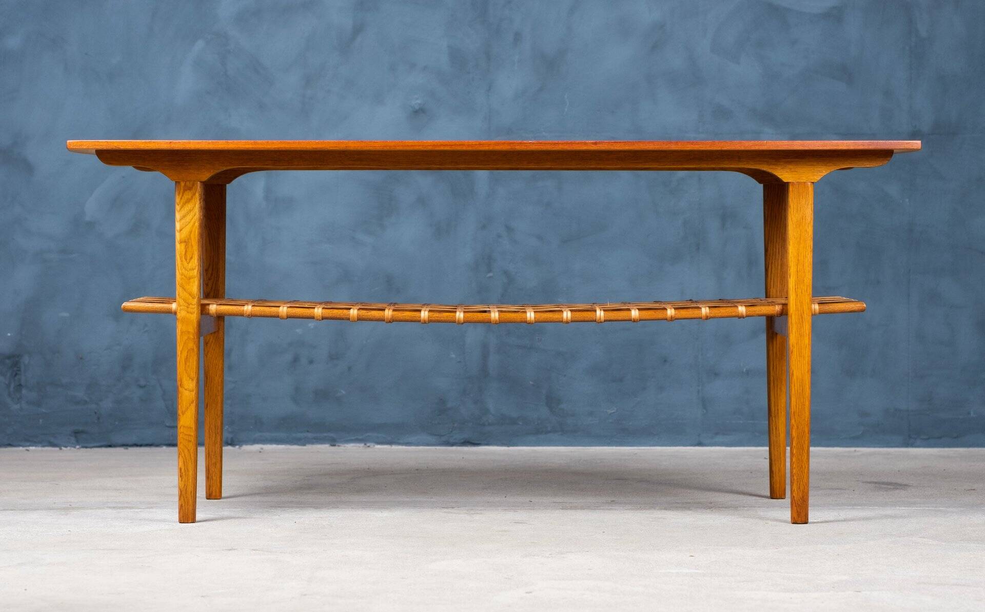 Teak and Oak Coffee Table with Rattan Shelf, Denmark, 1960s