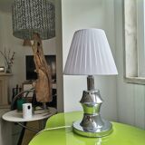 Mid Century Modern chromed table lamp with white pleated shade