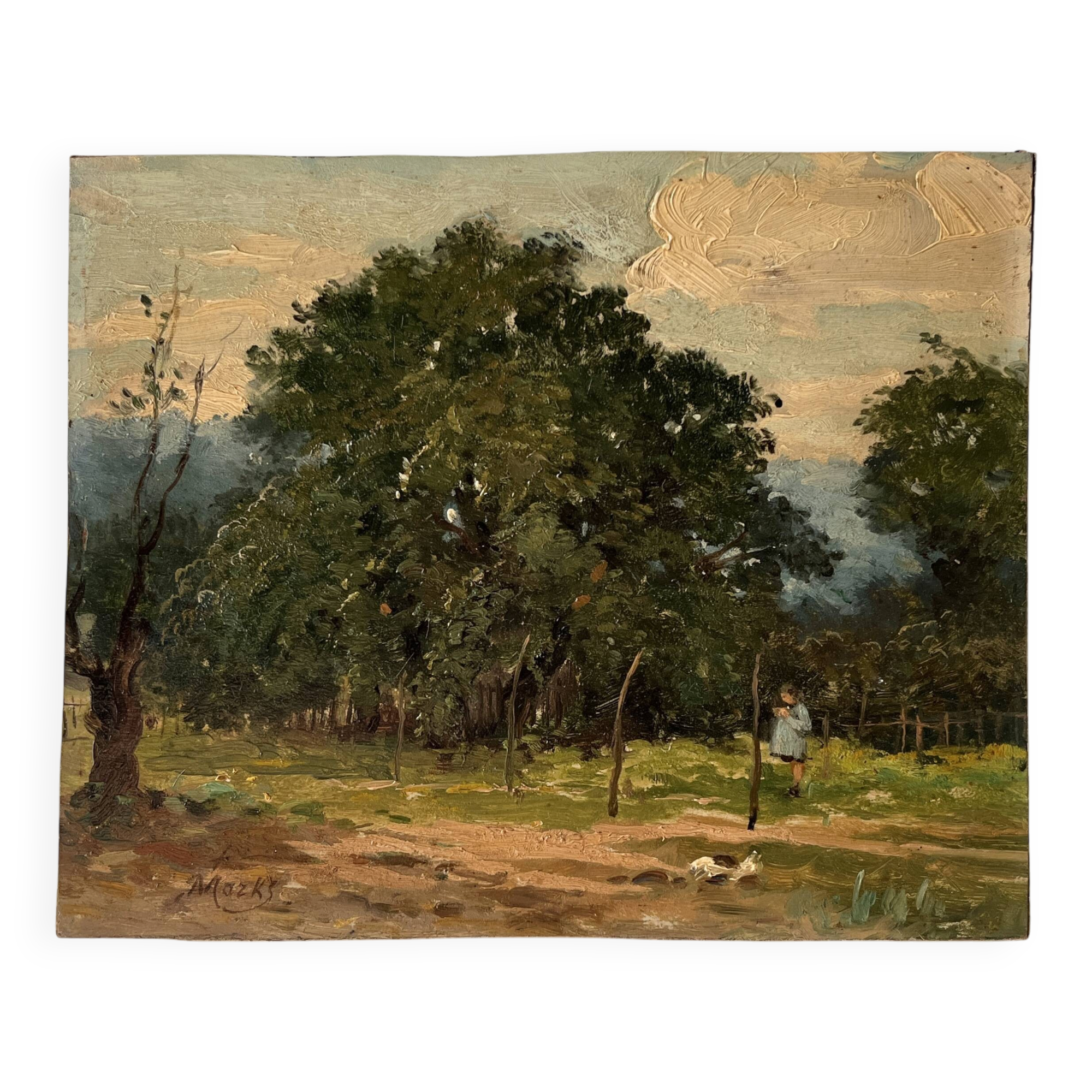 Oil painting of a countryside landscape circa 1920, rural scene signed.