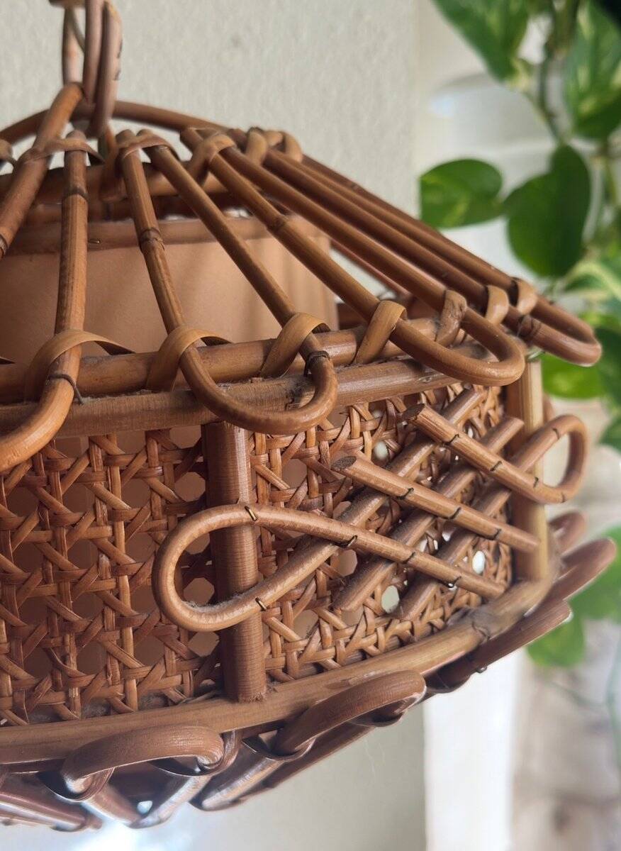 Suspended lamp in bamboo and rattan with chinoiserie details by Louis Sognot, 1950.