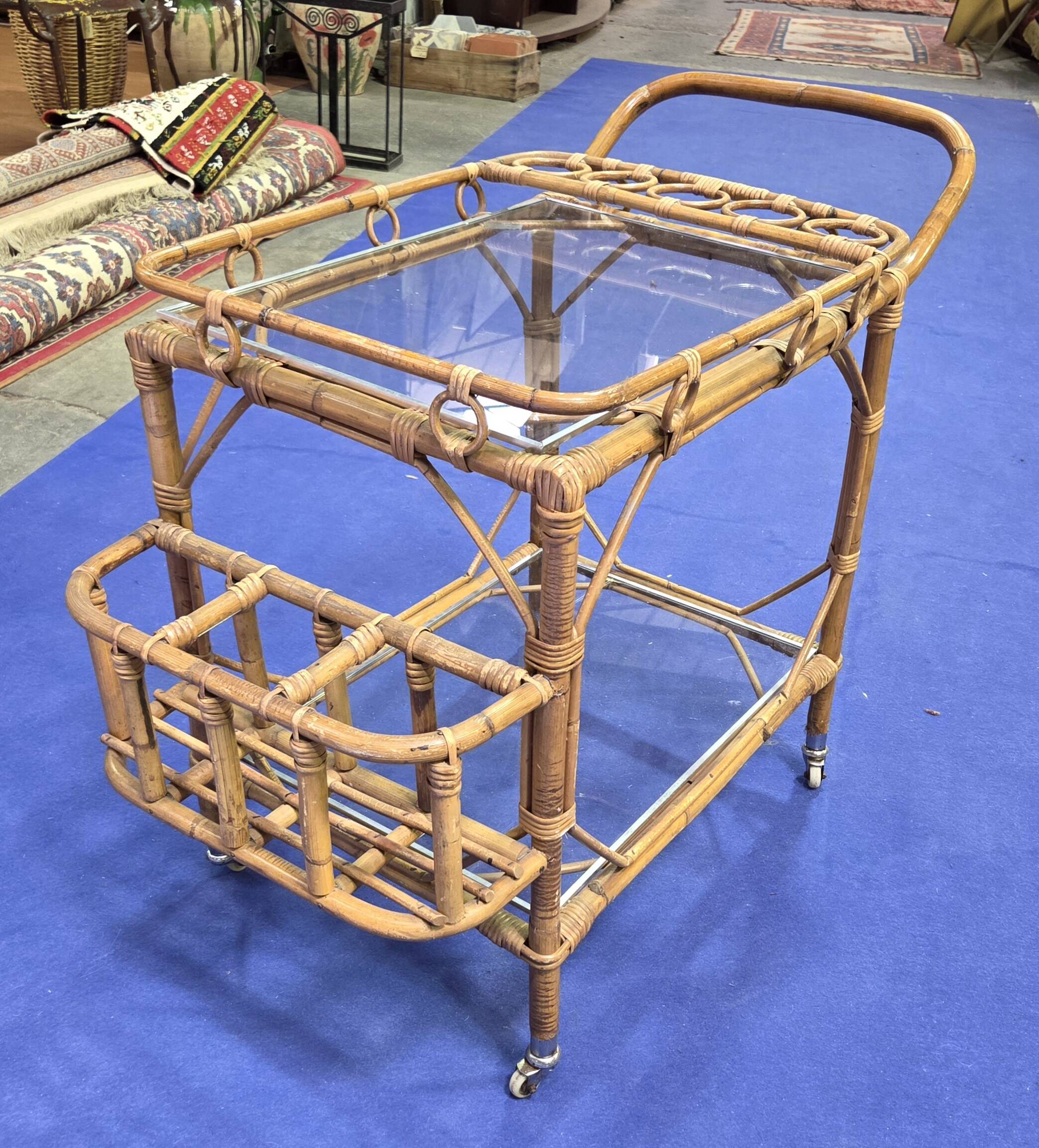 Service trolley, bar, bamboo, rattan, 1950s