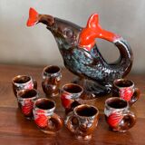 Vallauris fish pitcher and 8 mugs