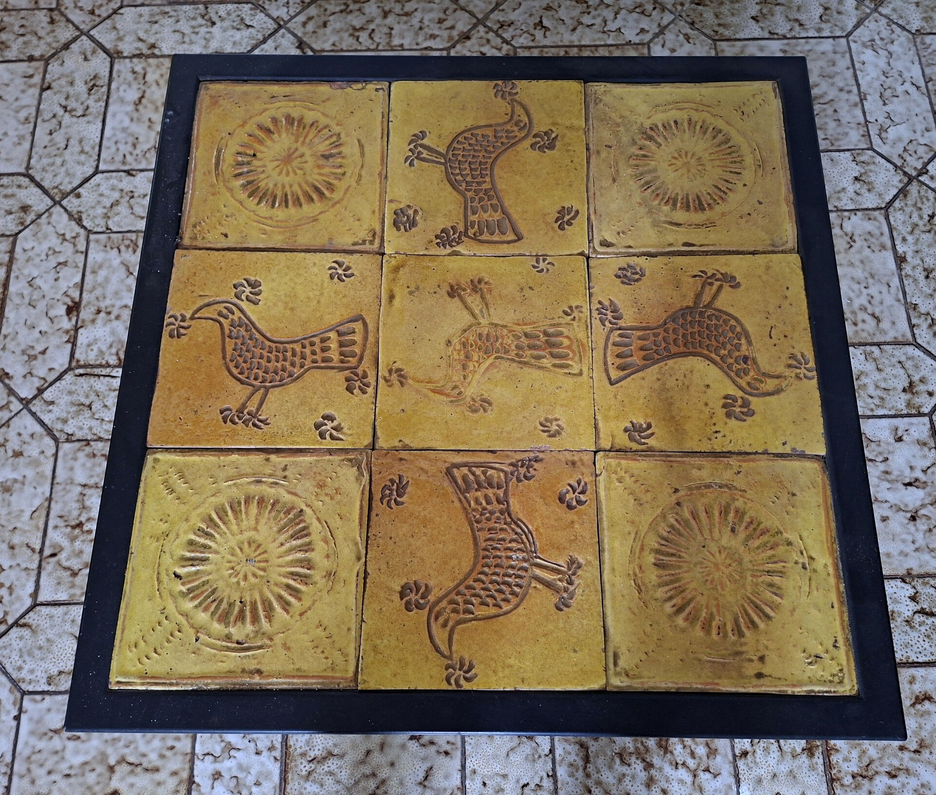 Low Table in Glazed Ceramic and Black Metal, Decorated with Stylised Birds