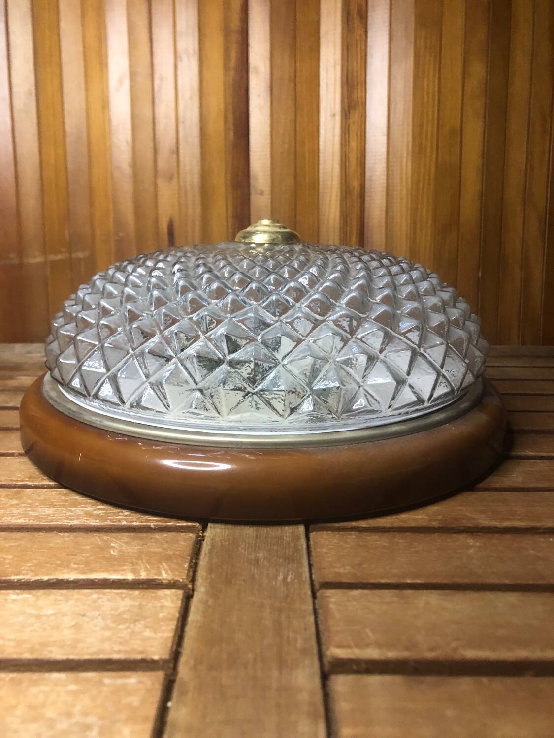 Old molded glass ceiling light + brown & gold metal contour vintage
