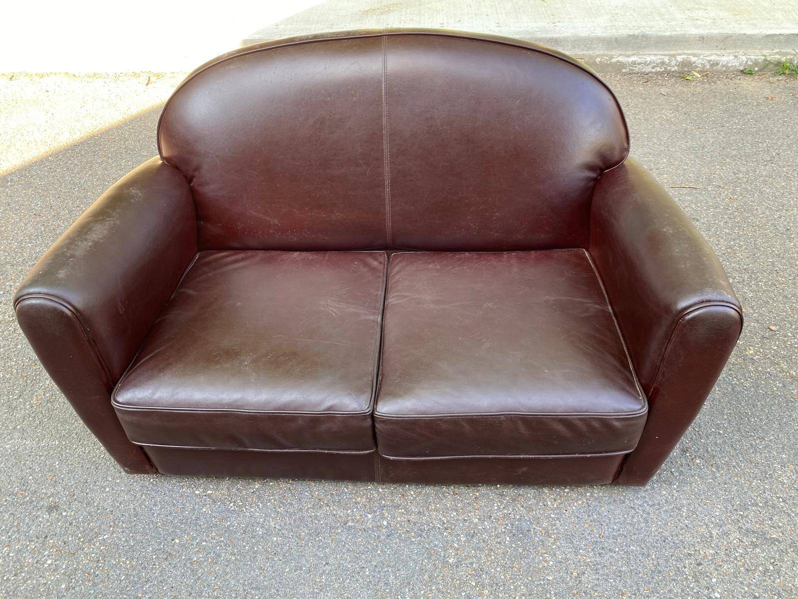 Burgundy brown leather living room sofa and club chair