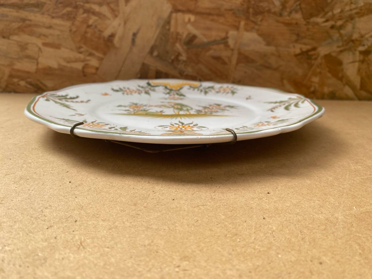 Ancienne Assiette MOUSTIERS Céramique Décor Vert & Orange Vintage #B195