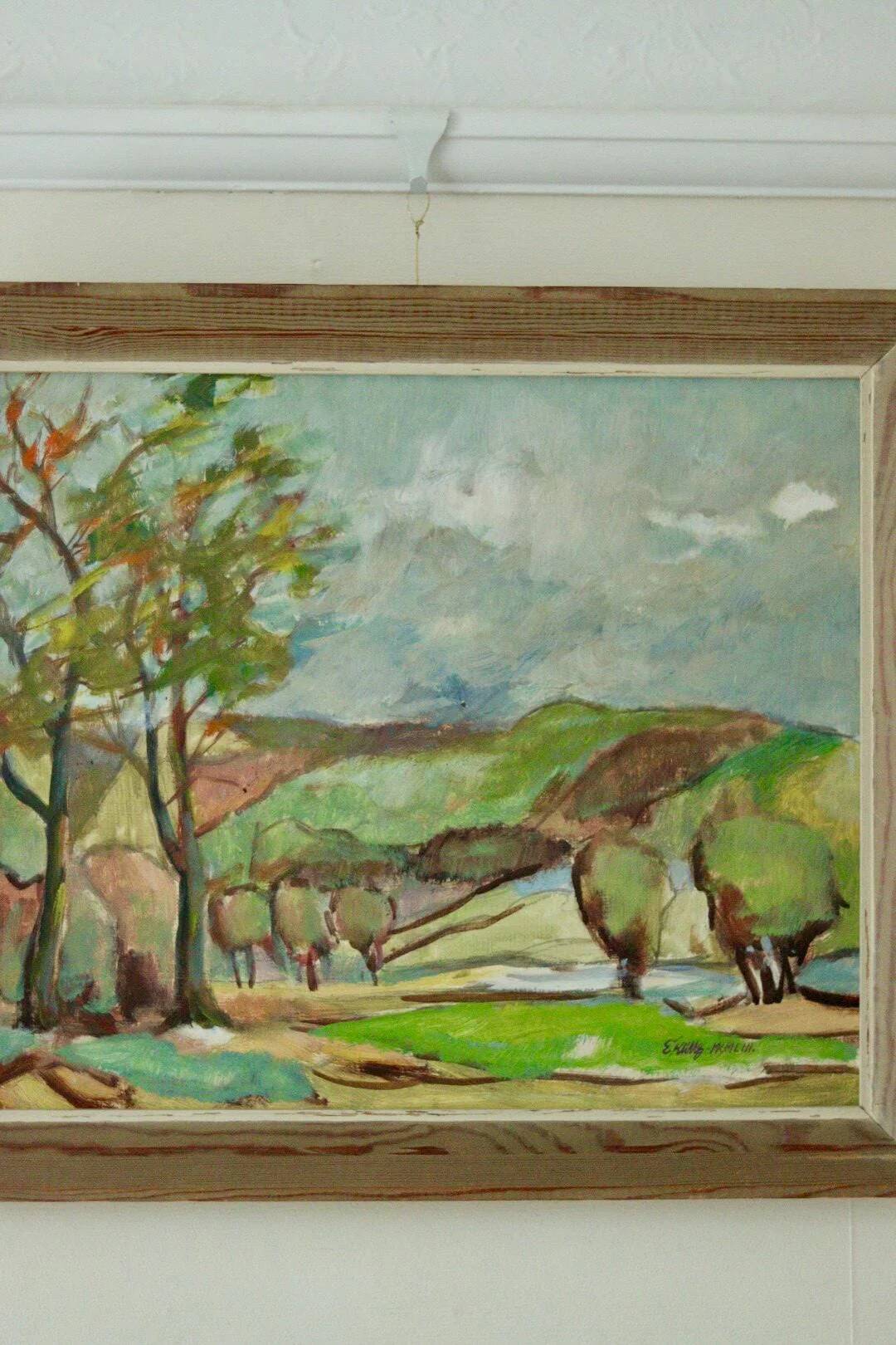 Huile sur panneau suédoise originale du milieu du siècle « Paysage avec arbres »