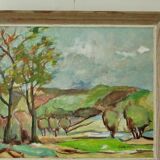 Huile sur panneau suédoise originale du milieu du siècle « Paysage avec arbres »