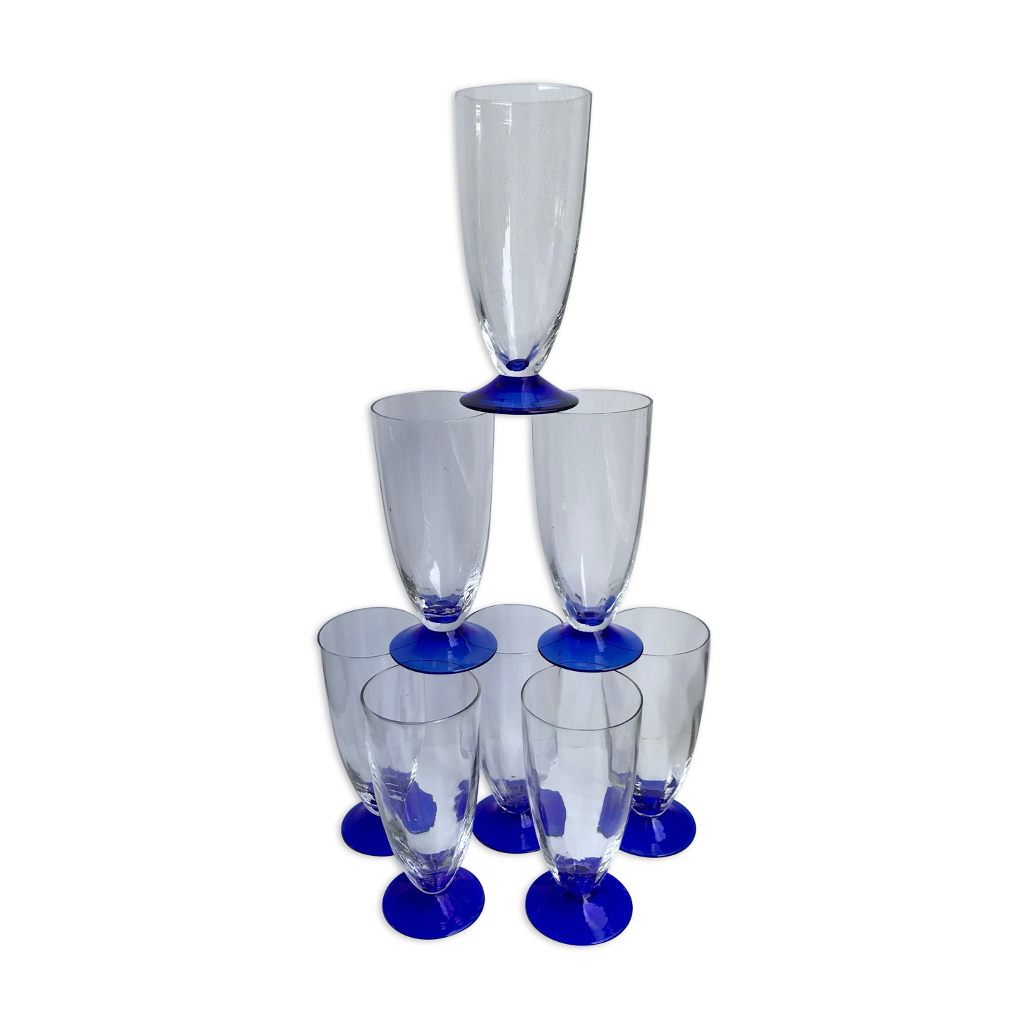Set of 8 glasses of champagne with blue feet 60s-70s