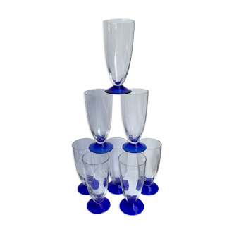 Set of 8 glasses of champagne with blue feet 60s-70s