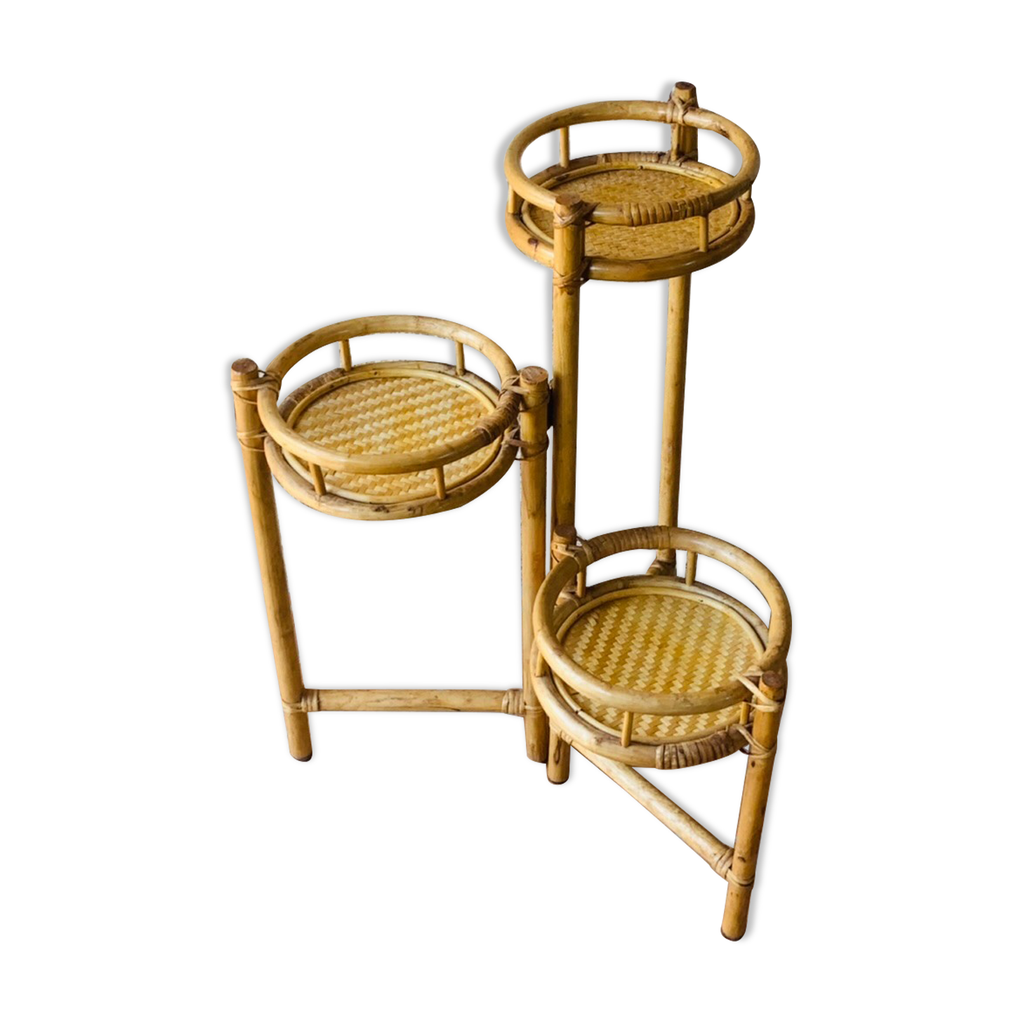 Vintage folding plant holder in bamboo and rattan, circa 1970's