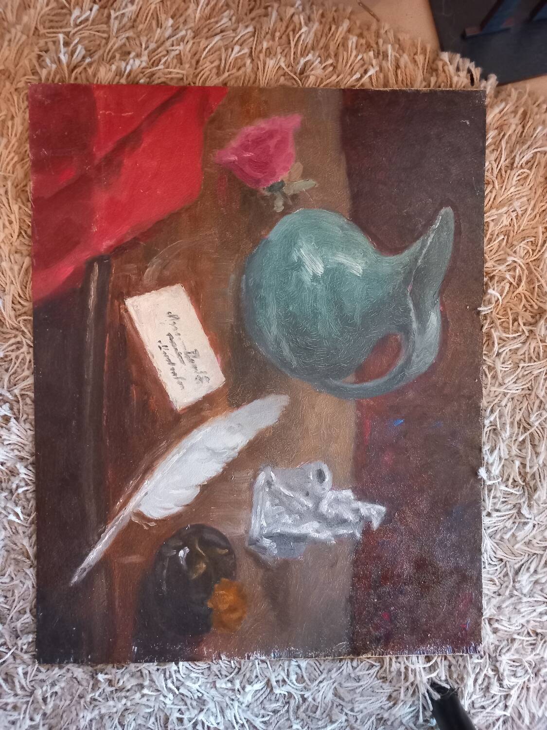 Tableau huile . Nature morte  au pot .