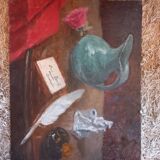 Tableau huile . Nature morte  au pot .