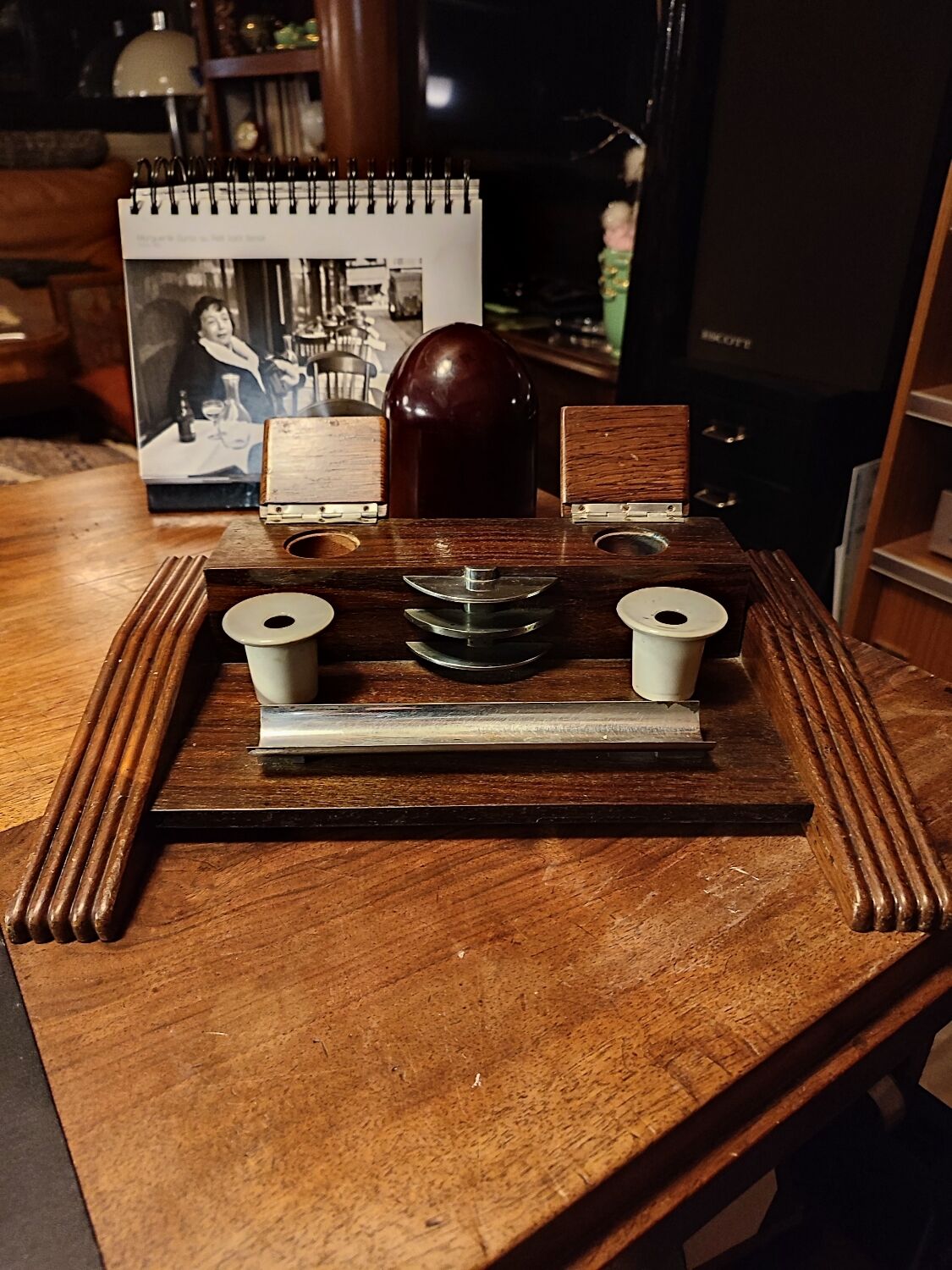 Wood inkwell and zinc complete with porcelain inkwells