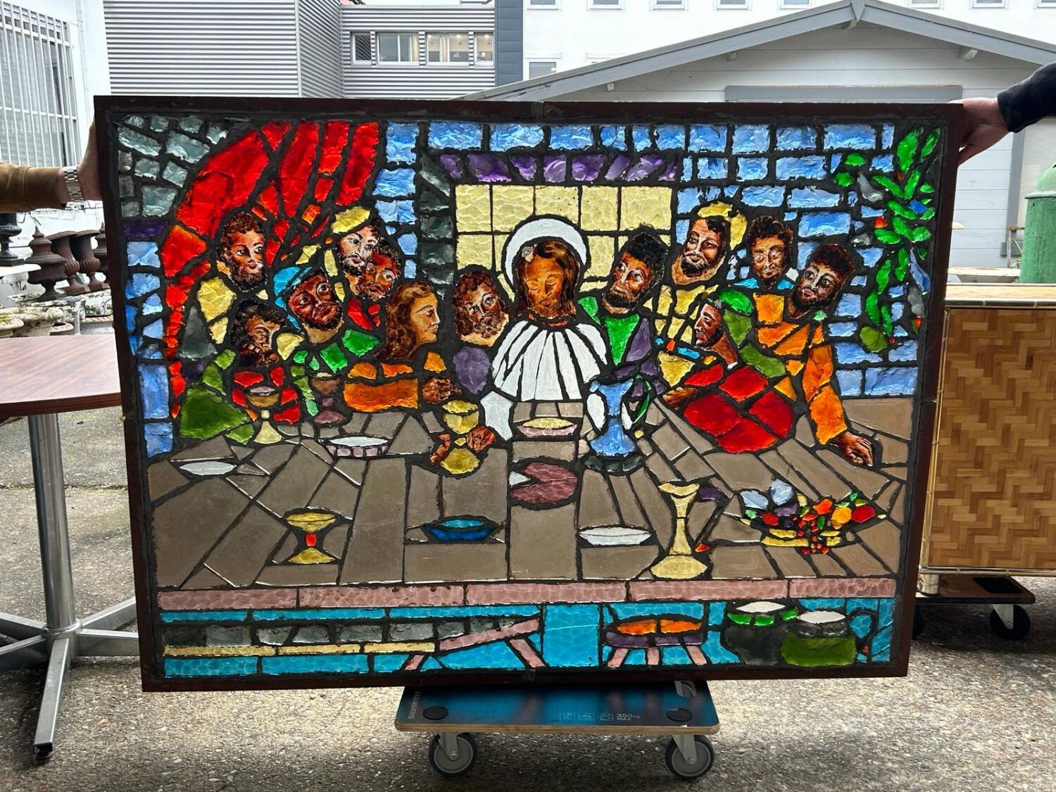 Large stained glass window the last supper circa 1960 - raw glass blocks - h 119 x l 161 cm