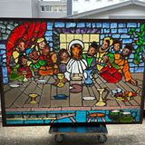 Large stained glass window the last supper circa 1960 - raw glass blocks - h 119 x l 161 cm