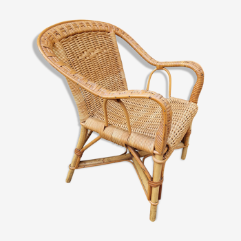 Colonial lounge armchair in rattan and bamboo, vintage, 60s