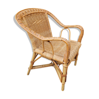 Colonial lounge armchair in rattan and bamboo, vintage, 60s