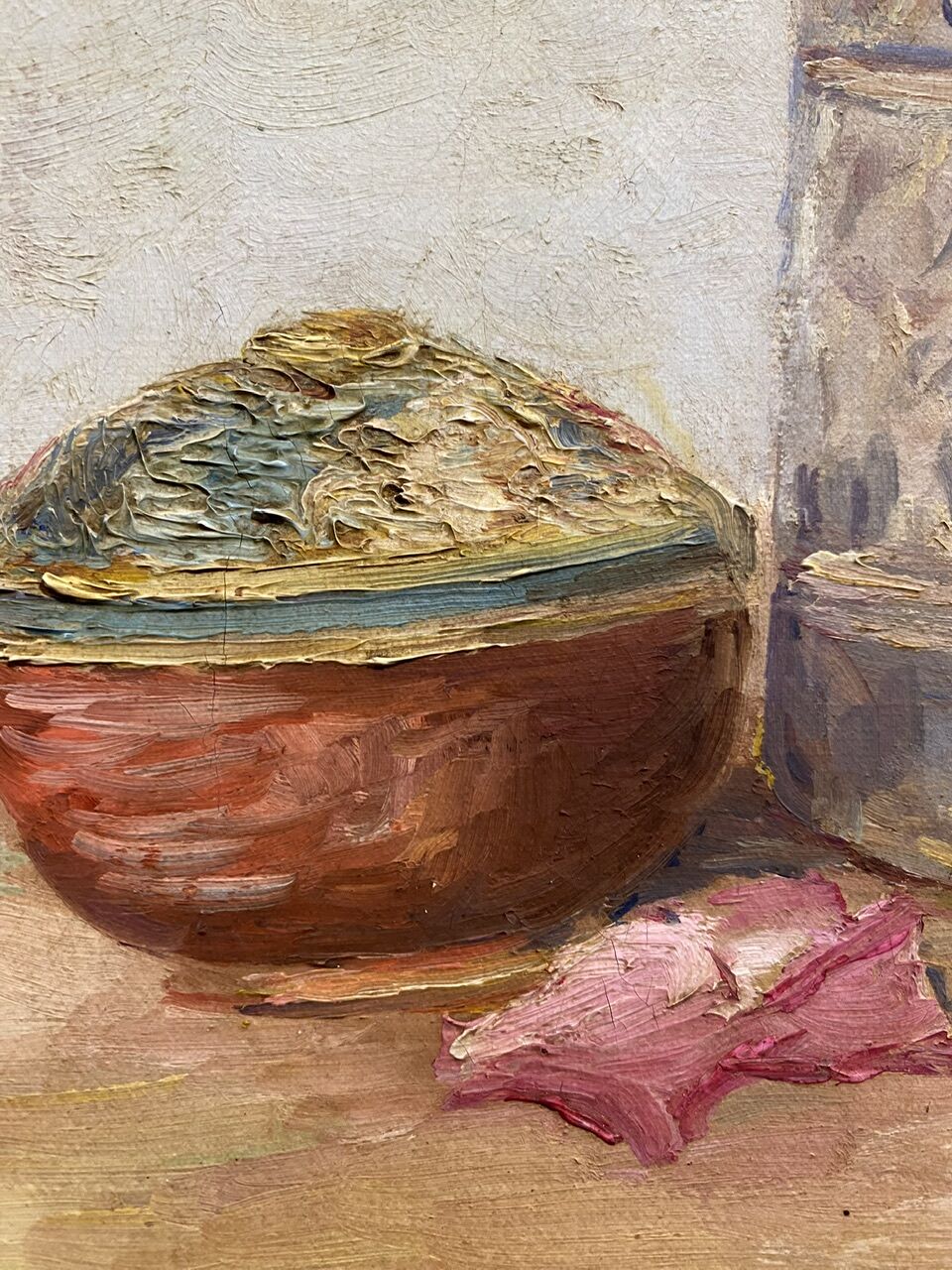 Old painting, still life with roses and oranges, signed circa 1950.