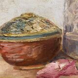 Old painting, still life with roses and oranges, signed circa 1950.