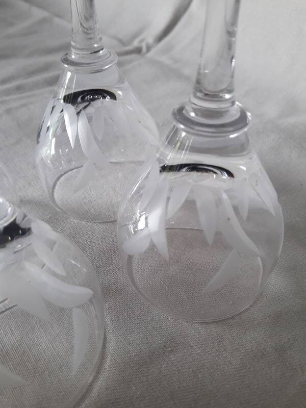 5 small engraved crystal stemmed glasses