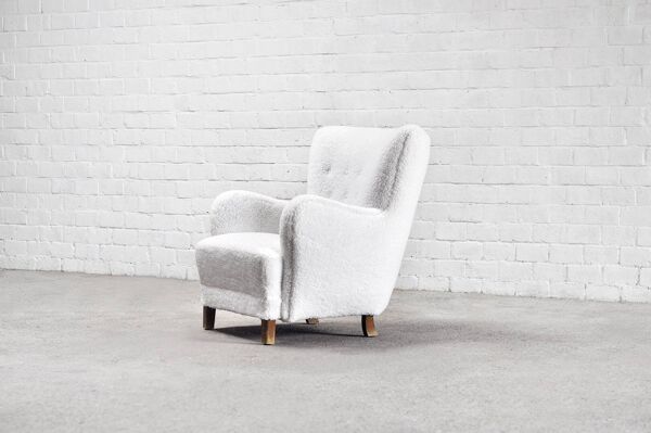 Fauteuil modèle 1669 en laine blanche,  Fritz Hansen, Danemark années 1940