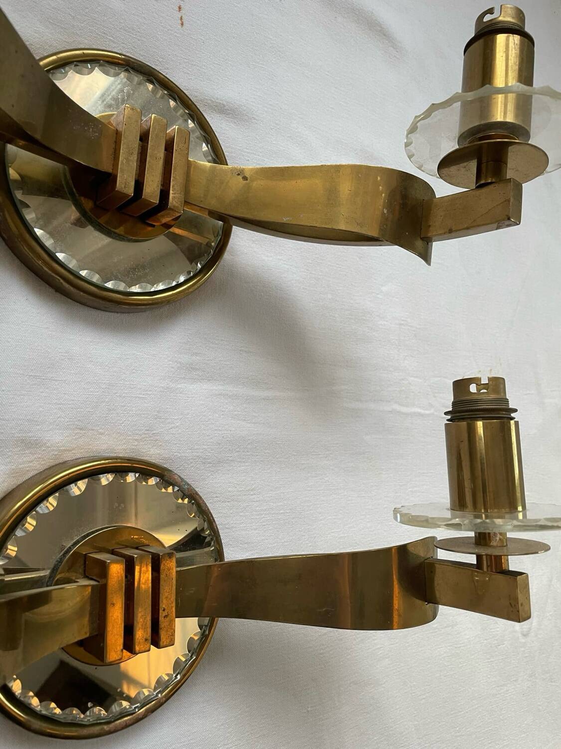 Vintage pair of art deco brass and mirrored glass wall lights France 1940
