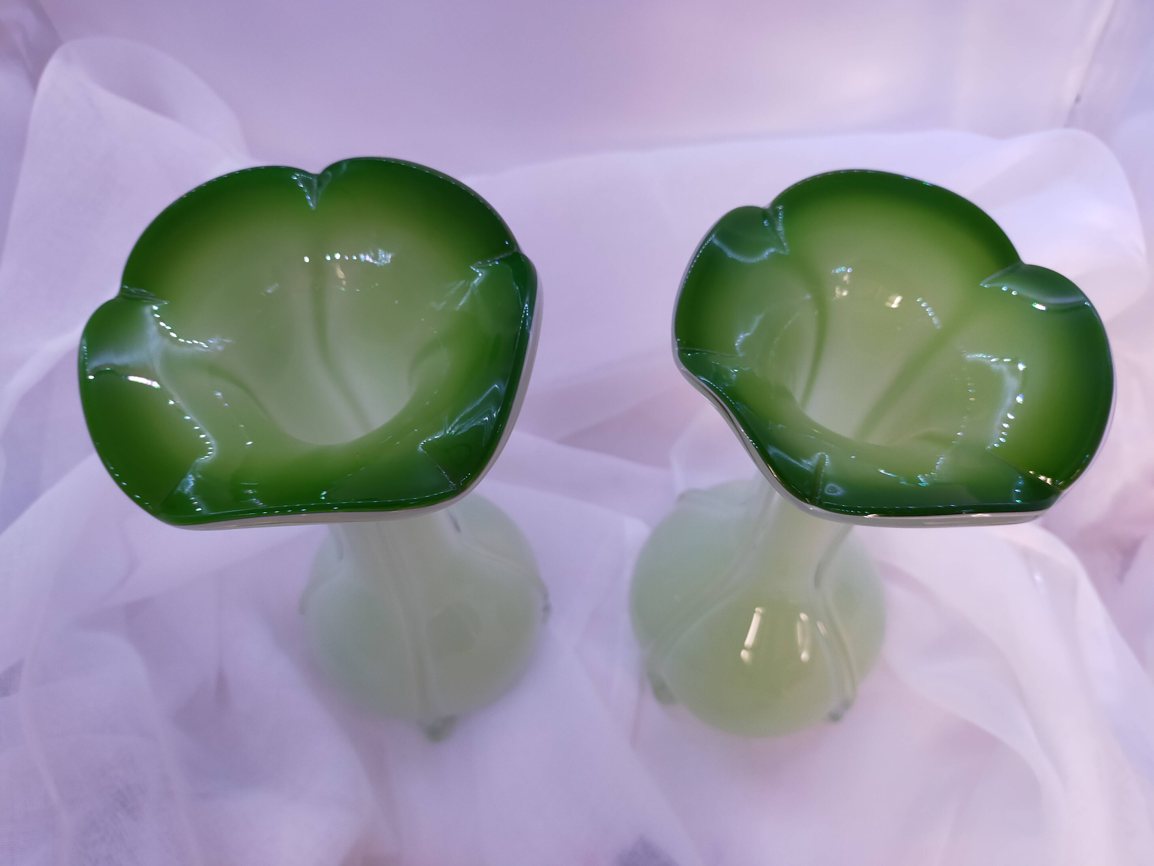 Pair of antique Murano style multi-layered blown glass vases, retro colored, Art Deco