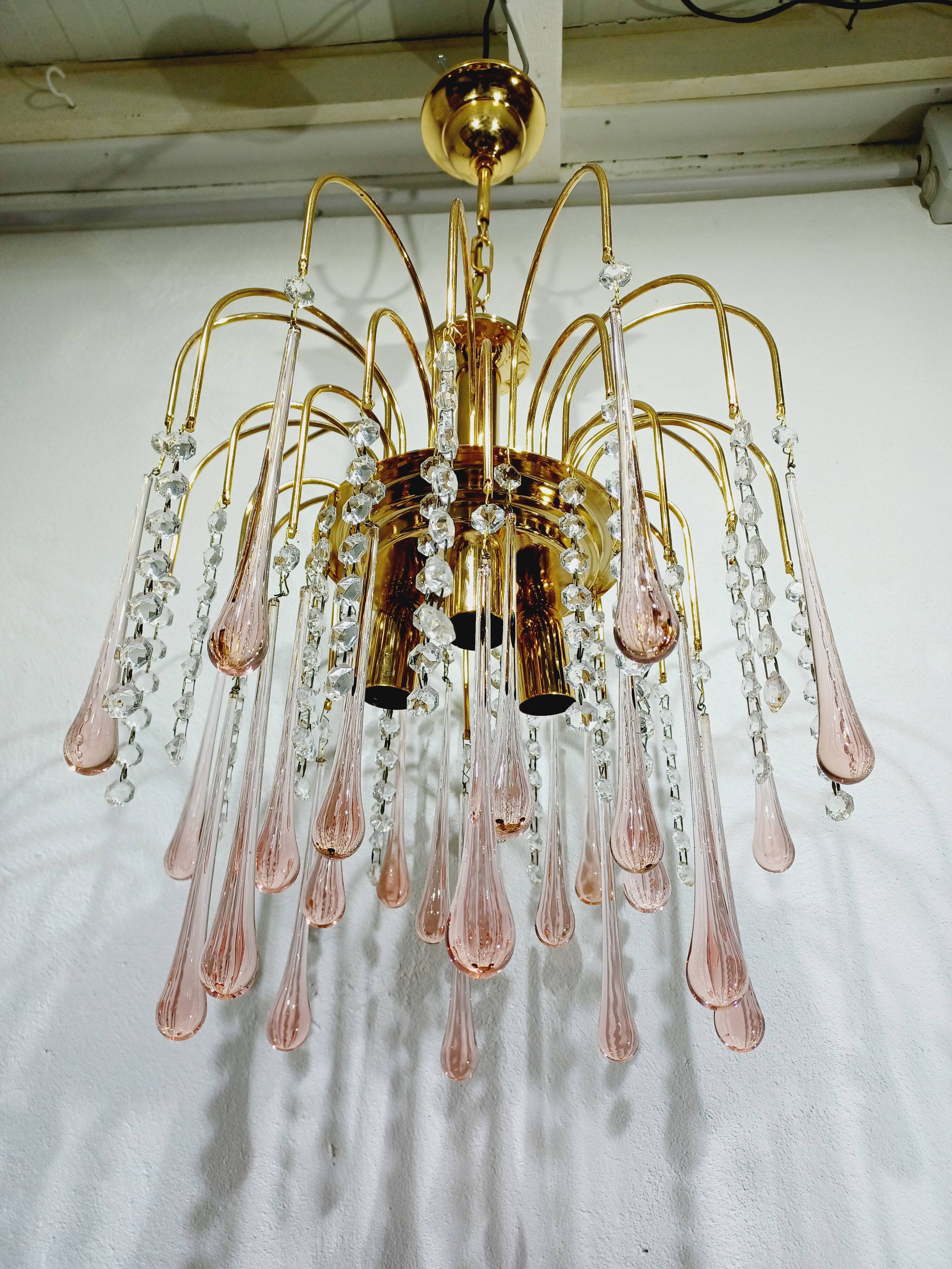 Murano chandelier with pink tassels with 3 lights
