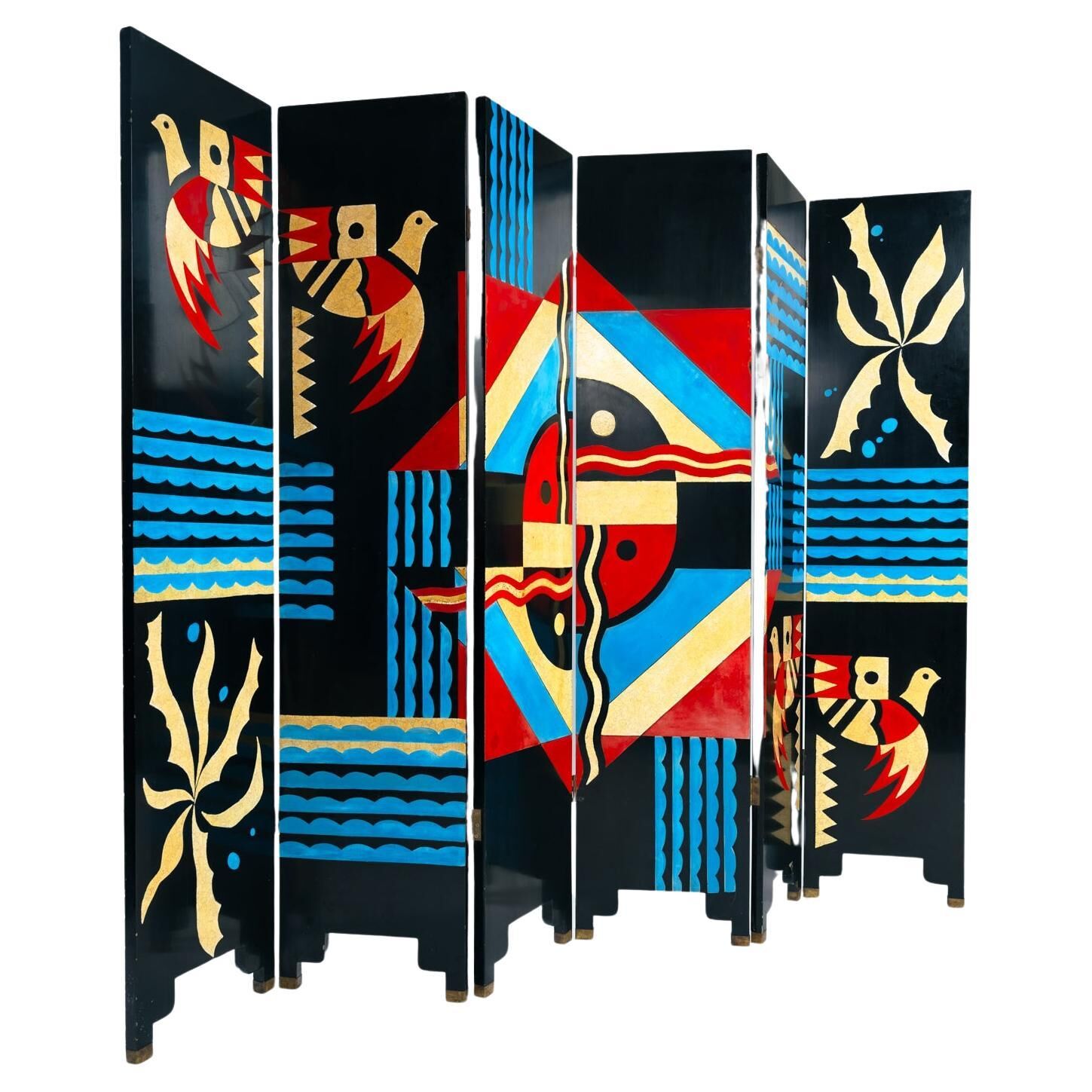 Room divider in art deco style with birds, geometric patterns, red, yellow, blue
