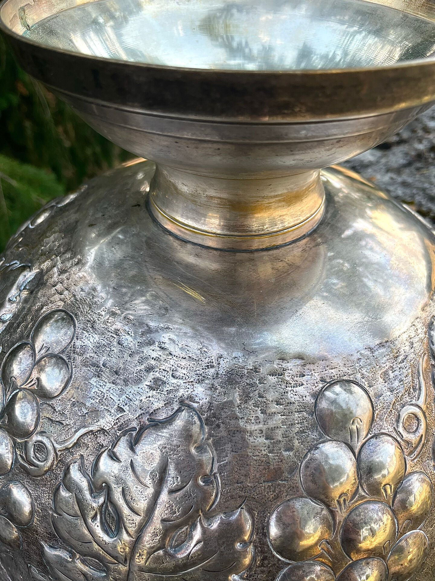 Large silver plated champagne cooler bowl on pedestal with grape
