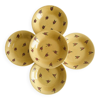 5 assiettes creuses en céramique jaune à fleurs rouges