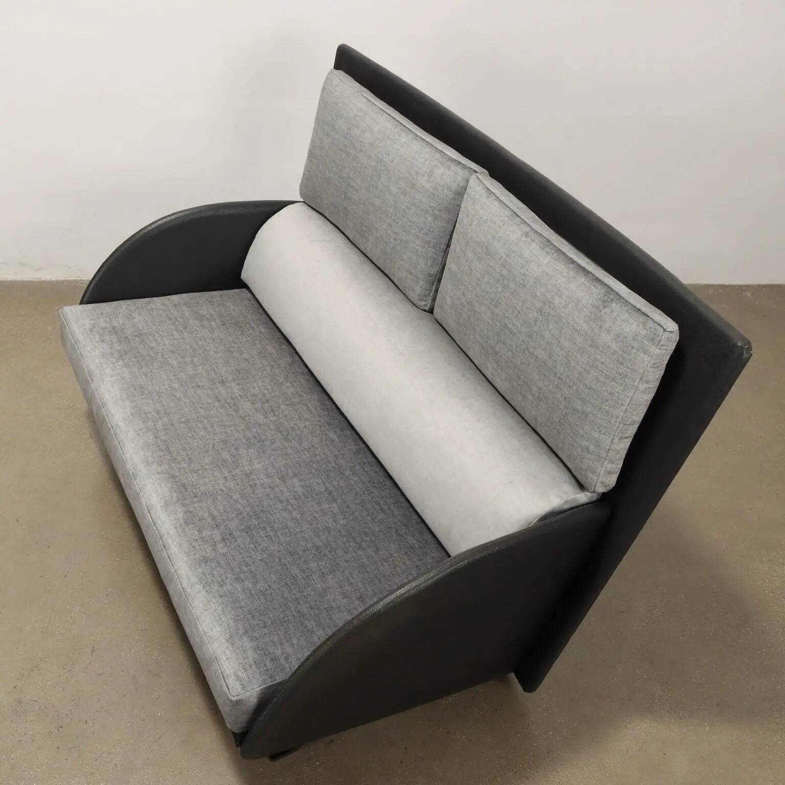 1980s vintage velvet and faux leather sofa with pillowcases, Italy.