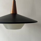 Scandinavian suspension in black metal, copper, and opal glass, 1970s design.