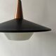 Scandinavian suspension in black metal, copper, and opal glass, 1970s design.