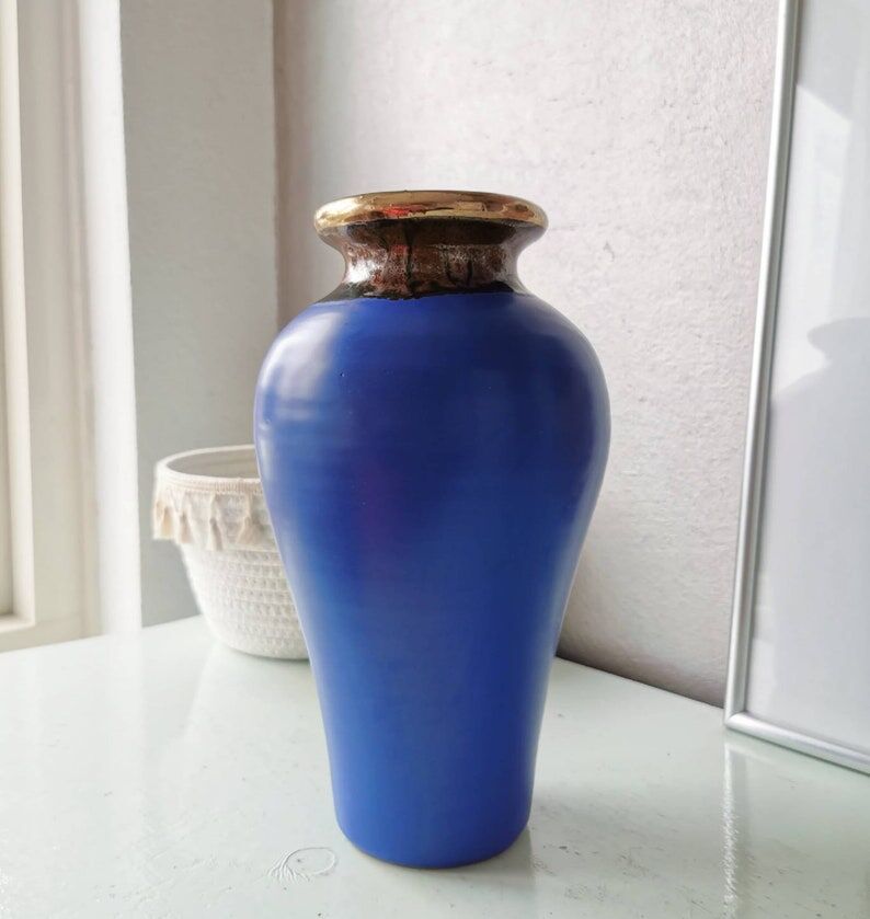 Blue vase in vintage earthenware, 80s