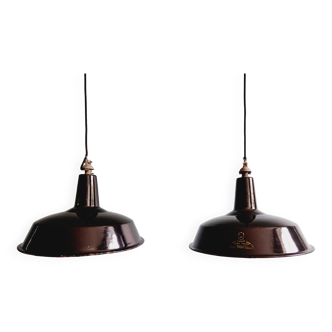 Pair of reluma industrial pendant lights in black enameled sheet metal