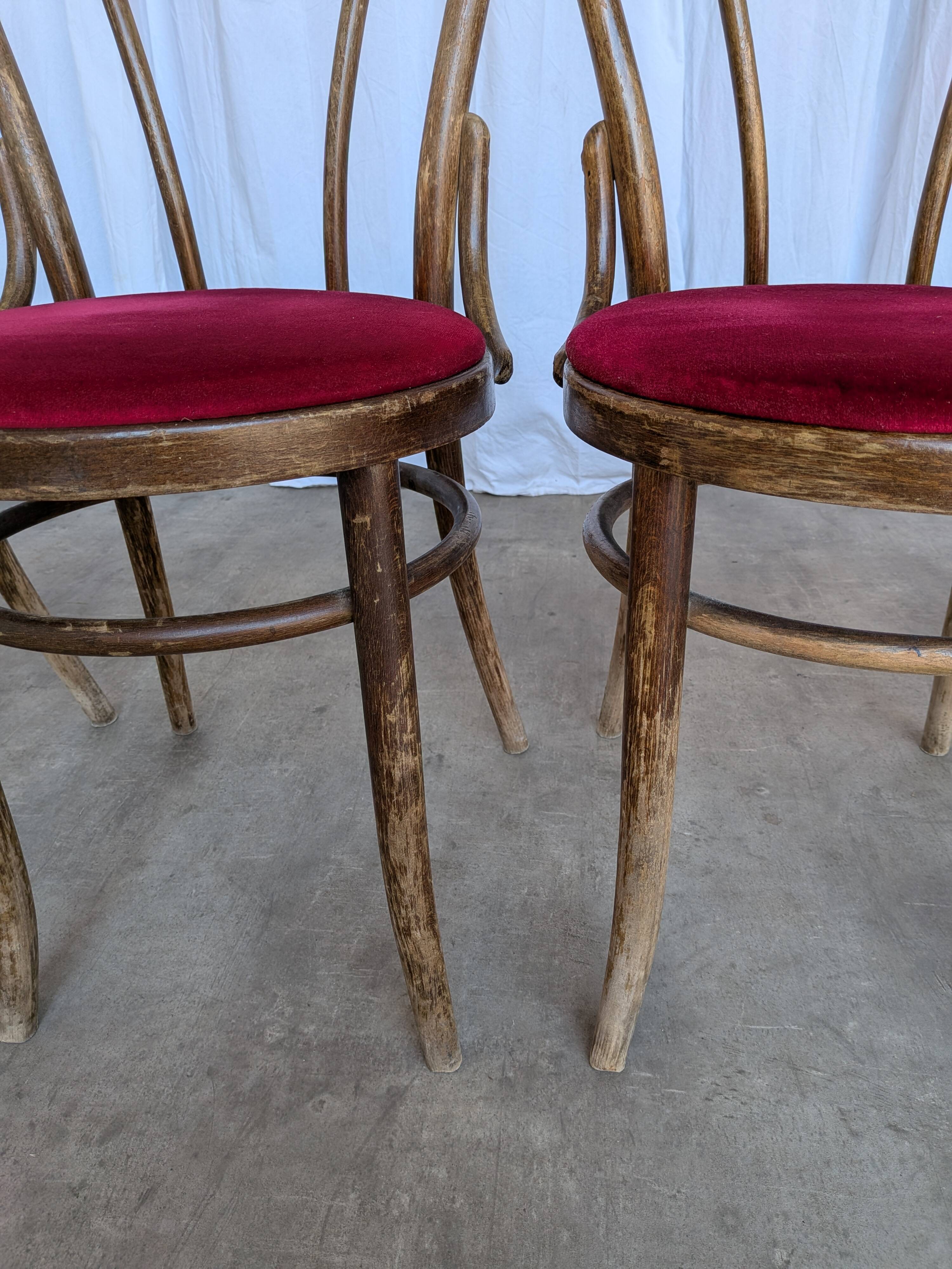 Set of 4 Vintage Bentwood Bistro Chairs, Red Upholstery