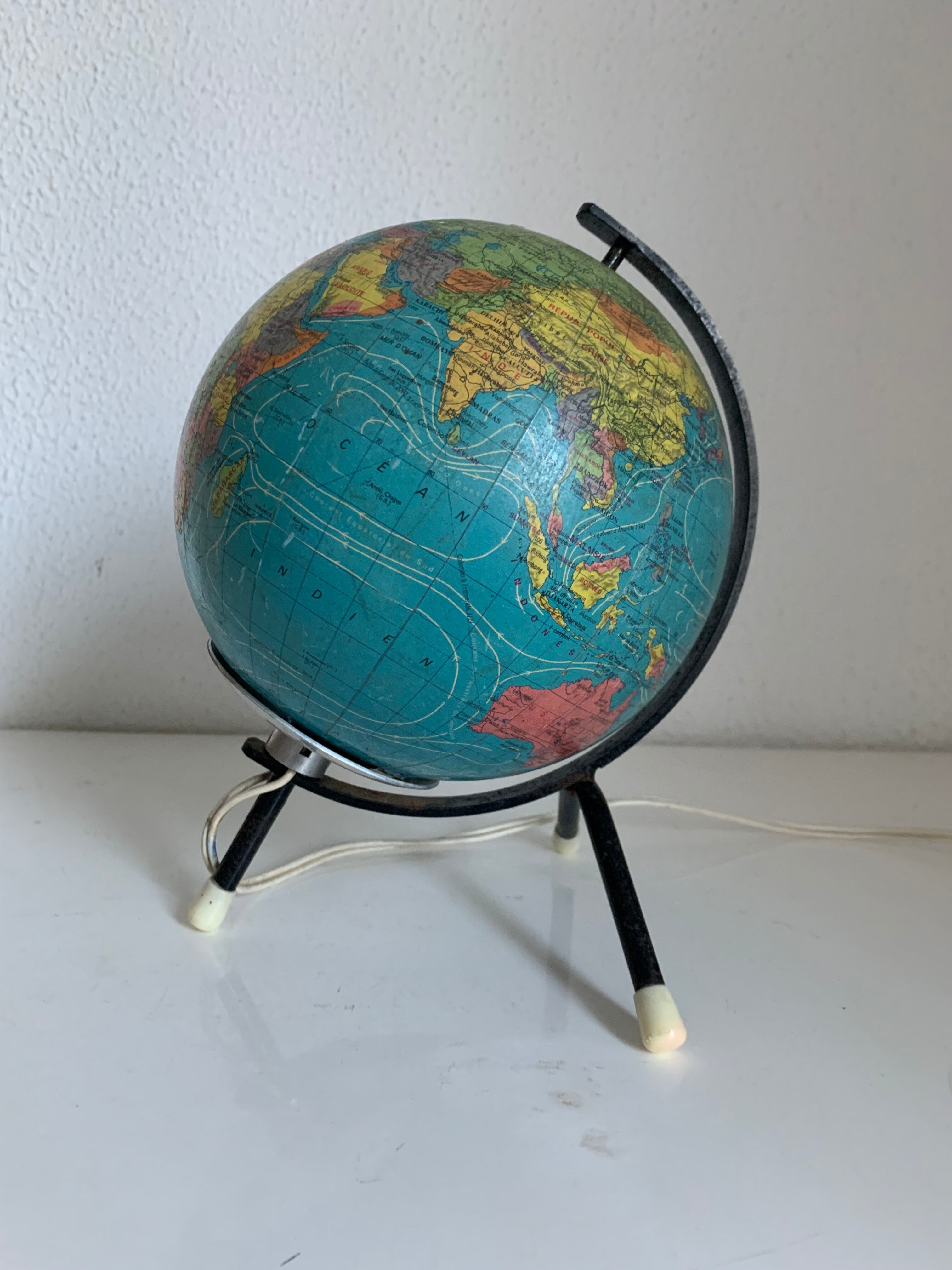 Globe vintage 1972 terrestre verre Taride tripode - 22 cm