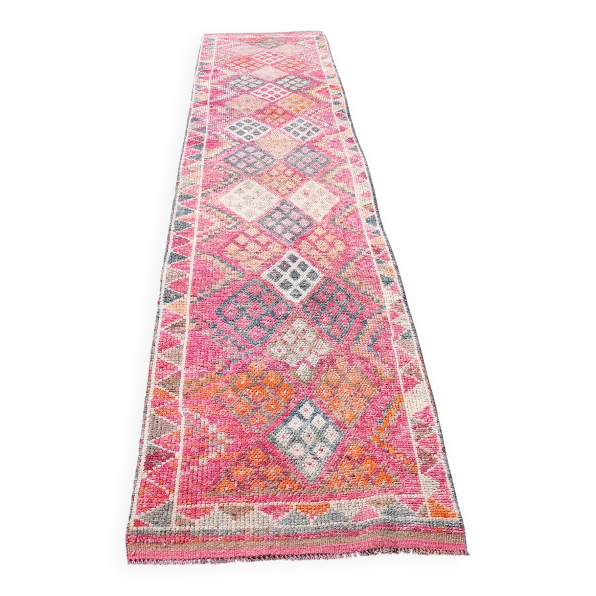 Hot Pink Turkish Runner Rug, Vintage Boho Hallway Carpet, 83x353 Cm
