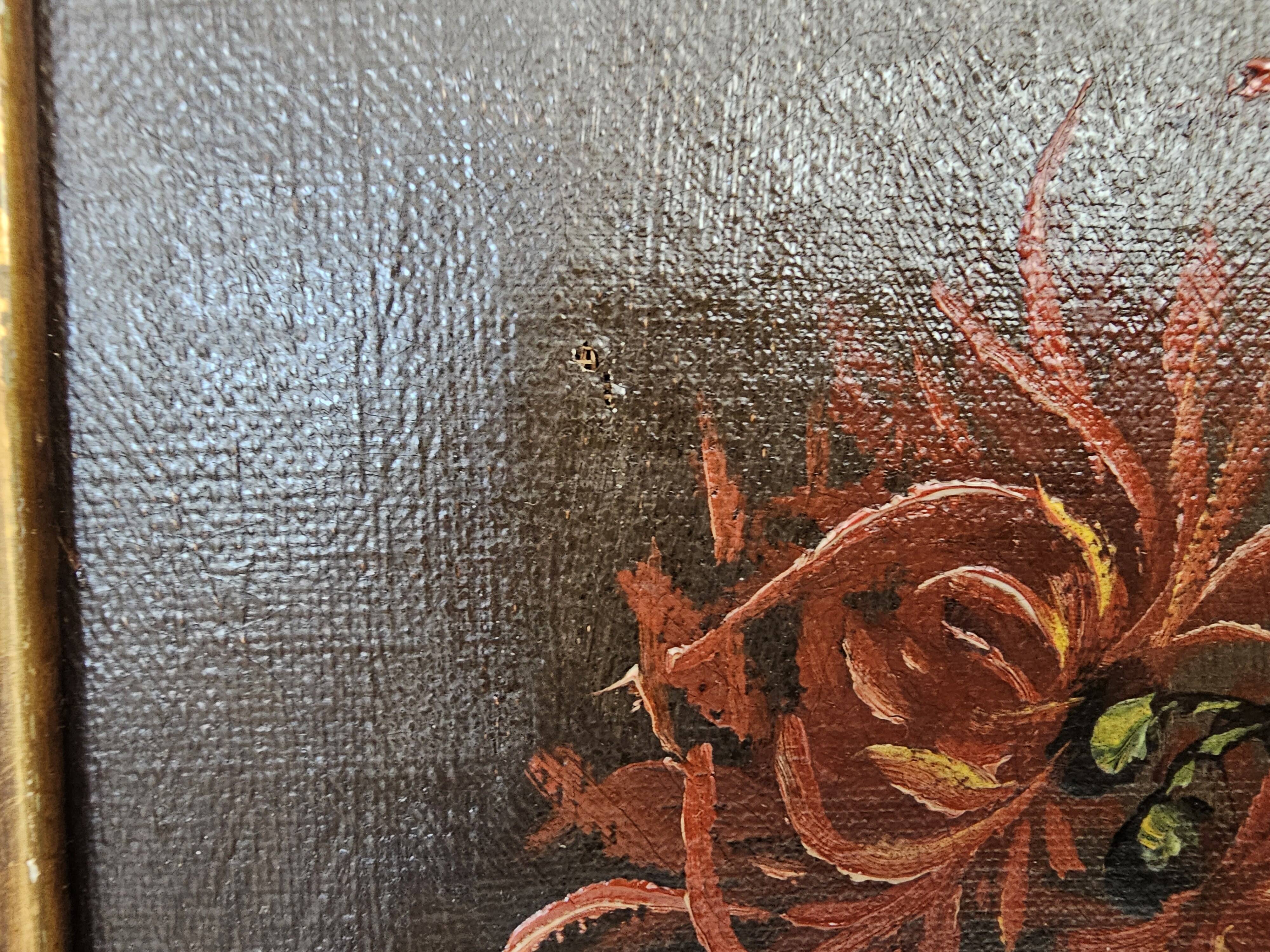 Old Oil on Canvas Painting - Still Life with Bouquet Signed M. G.